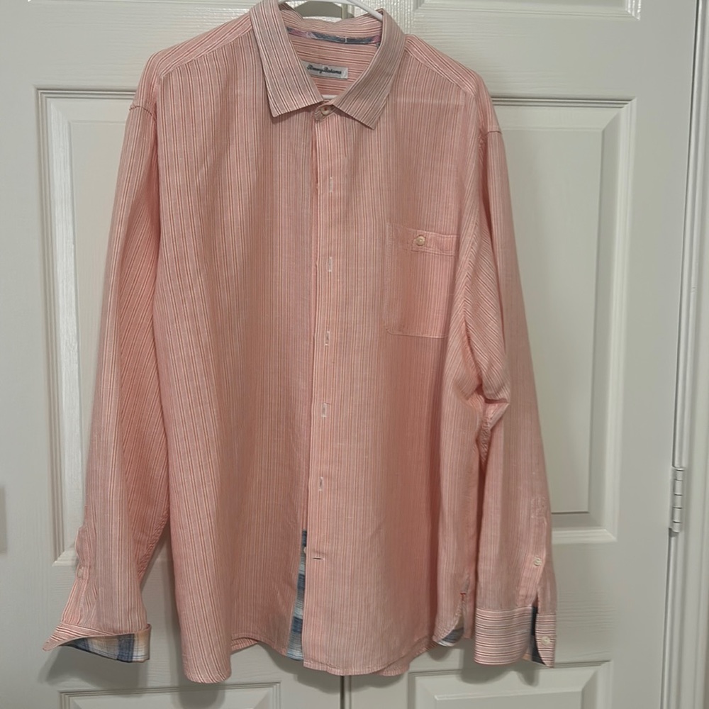 Tommy Bahama XXL Peach striped linen men’s button down
